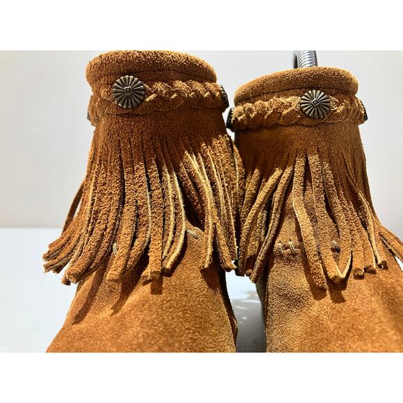 Minnetonka Brown Suede Fringe Back Zip Ankle Bootie Moccasin Shoes Size 7 - Picture 4 of 10